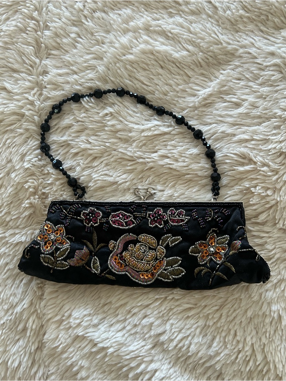 Black Beaded Floral Embroidered Evening Clutch